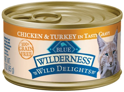 Blue Buffalo Wilderness Wild Delights Chicken & Turkey in Gravy Grain-Free Adult Canned Cat Food, 3-oz, case of 24