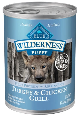 Blue Buffalo Wilderness Turkey & Chicken Grill Grain-Free Puppy Canned Dog Food, 12.5-oz, case of 12