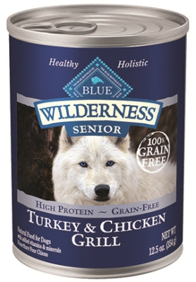 Blue Buffalo Wilderness Turkey & Chicken Grill Grain-Free Senior Canned Dog Food, 12.5-oz, case of 12