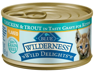 Blue Buffalo Wilderness Wild Delights Flaked Chicken & Trout in Tasty Gravy for Kittens Grain-Free Canned Cat Food, 3-oz, case of 24