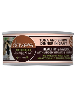Dave's Pet Food Naturally Healthy Grain-Free Tuna & Shrimp Dinner in Gravy Canned Cat Food, 5.5-oz, case of 24