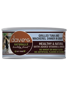 Dave's Pet Food Naturally Healthy Grain-Free Grilled Tuna & Mackerel Dinner in Gravy Canned Cat Food, 5.5-oz, case of 24
