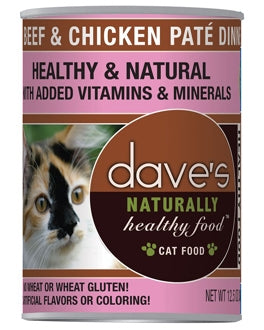 Dave's Pet Food Naturally Healthy Grain-Free Beef & Chicken Pate Dinner Canned Cat Food, 12.5-oz, case of 12