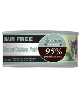 Dave's Pet Food 95% Premium Meat Grain-Free Tuna & Chicken Pate Canned Cat Food, 5.5-oz, case of 24