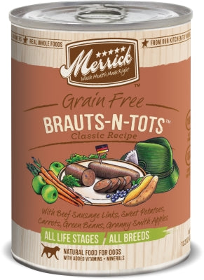 Merrick Classic Grain-Free Brauts-n-tots Recipe Canned Dog Food, 13.2-oz, case of 12