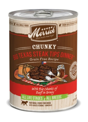 Merrick Chunky Grain-Free Big Texas Steak Tips Dinner Canned Dog Food, 12.7-oz, case of 12
