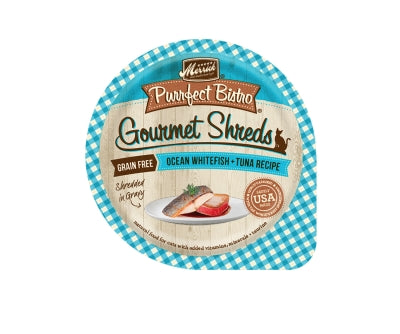 Merrick Purrfect Bistro Gourmet Shreds in Gravy Grain-Free Ocean Whitefish + Tuna Recipe Cat Food Trays, 3.5-oz, case of 12