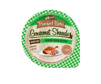 Merrick Purrfect Bistro Gourmet Shreds in Gravy Grain-Free Savory Duck Recipe Cat Food Trays, 3.5-oz, case of 12