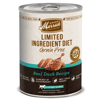 Merrick Limited Ingredient Diet Grain-Free Real Duck Recipe Canned Dog Food, 12.7-oz, case of 12