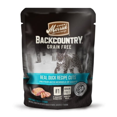 Merrick Backcountry Grain-Free Morsels in Gravy Real Duck Recipe Cuts Cat Food Pouches, 3-oz, case of 24