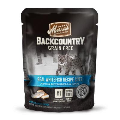 Merrick Backcountry Grain-Free Morsels in Gravy Real Whitefish Recipe Cuts Cat Food Pouches, 3-oz, case of 24