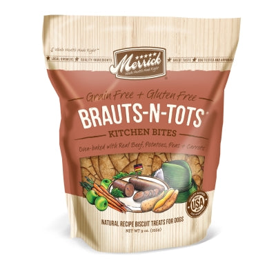 Merrick Kitchen Bites Brauts-n-Tots Grain-Free Biscuits Dog Treats, 9-oz bag
