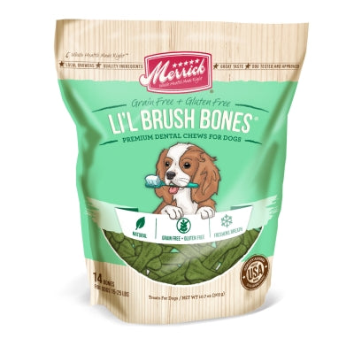 Merrick Lil' Brush Bones Grain-Free Dental Chews Dog Treats, 10.7-oz bag, 14 bones