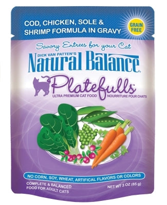Natural Balance Platefulls Cod, Chicken, Sole & Shrimp Formula in Gravy Grain-Free Cat Food Pouches, 3-oz pouch, case of 24