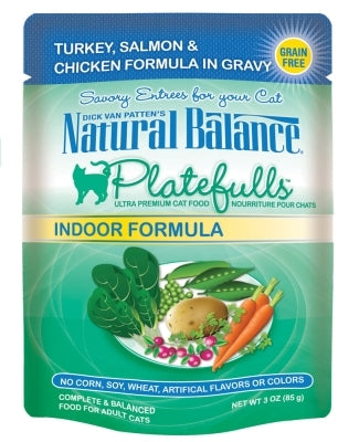 Natural Balance Platefulls Indoor Formula Turkey, Salmon & Chicken in Gravy Grain-Free Cat Food Pouches, 3-oz pouch, case of 24