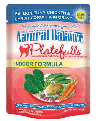 Natural Balance Platefulls Indoor Formula Salmon, Tuna, Chicken & Shrimp in Gravy Grain-Free Cat Food Pouches, 3-oz pouch, case of 24