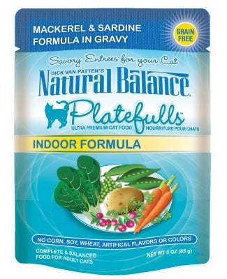 Natural Balance Platefulls Indoor Formula Mackerel & Sardine in Gravy Grain-Free Cat Food Pouches, 3-oz pouch, case of 24