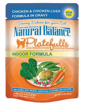 Natural Balance Platefulls Indoor Formula Chicken & Chicken Liver in Gravy Grain-Free Cat Food Pouches, 3-oz pouch, case of 24