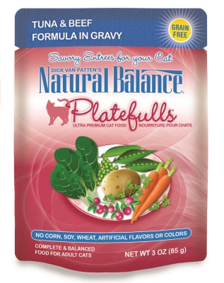 Natural Balance Platefulls Tuna & Beef Formula in Gravy Grain-Free Cat Food Pouches, 3-oz pouch, case of 24