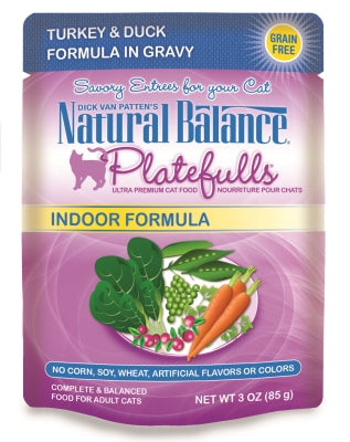 Natural Balance Platefulls Indoor Formula Turkey & Duck Formula in Gravy Grain-Free Cat Food Pouches, 3-oz pouch, case of 24