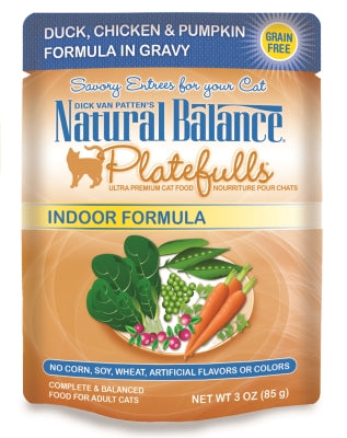 Natural Balance Platefulls Indoor Formula Duck, Chicken & Pumpkin Formula in Gravy Grain-Free Cat Food Pouches, 3-oz pouch, case of 24
