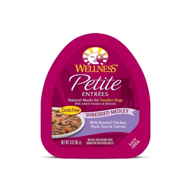 Wellness Petite Entrees Shredded Medley with Roasted Chicken, Duck, Peas & Carrots Grain-Free Wet Dog Food, 3-oz, case of 24