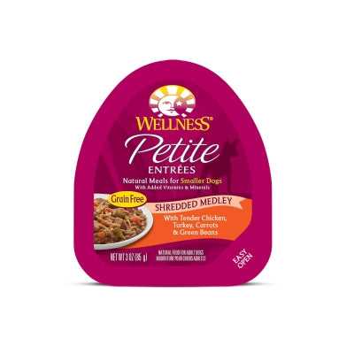 Wellness Petite Entrees Shredded Medley with Tender Chicken, Turkey, Carrots & Green Beans Grain-Free Wet Dog Food, 3-oz, case of 24