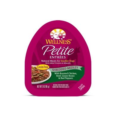 Wellness Petite Entrees Shredded Medley with Roasted Chicken, Beef, Green Beans & Red Peppers Grain-Free Wet Dog Food, 3-oz, case of 24