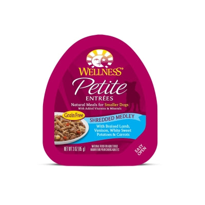 Wellness Petite Entrees Shredded Medley with Braised Lamb, Venison, White Sweet Potatoes & Carrots Grain-Free Wet Dog Food, 3-oz, case of 24