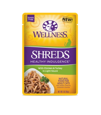 Wellness Healthy Indulgence Shreds with Chicken & Turkey in Light Sauce Grain-Free Wet Cat Food Pouches, 4-oz, case of 24