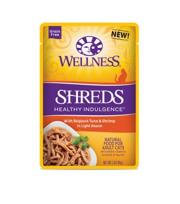 Wellness Healthy Indulgence Shreds with Skipjack Tuna & Shrimp in Light Sauce Grain-Free Wet Cat Food Pouches, 4-oz, case of 24