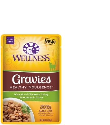 Wellness Healthy Indulgence Gravies with Bits of Chicken & Turkey Smothered in Gravy Grain-Free Wet Cat Food Pouches, 4-oz, case of 24