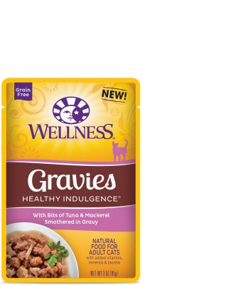 Wellness Healthy Indulgence Gravies with Bits of Tuna & Mackerel Smothered in Gravy Grain-Free Wet Cat Food Pouches, 4-oz, case of 24