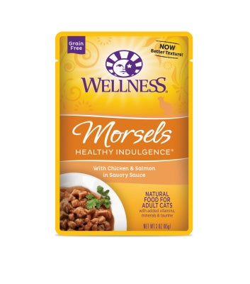 Wellness Healthy Indulgence Morsels with Chicken & Salmon in Savory Sauce Grain-Free Wet Cat Food Pouches, 3-oz, case of 24