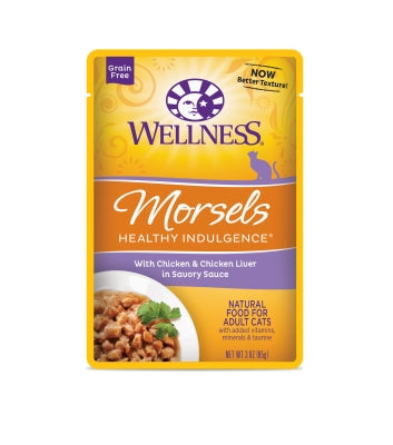 Wellness Healthy Indulgence Morsels with Chicken & Chicken Liver in Savory Sauce Grain-Free Wet Cat Food Pouches, 3-oz, case of 24