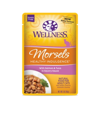 Wellness Healthy Indulgence Morsels with Salmon & Tuna in Savory Sauce Grain-Free Wet Cat Food Pouches, 3-oz, case of 24