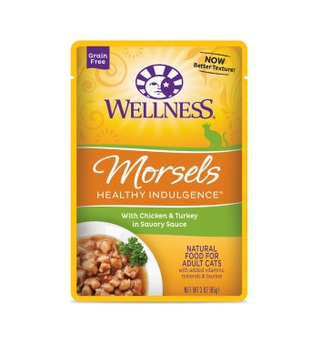 Wellness Healthy Indulgence Morsels with Chicken & Turkey in Savory Sauce Grain-Free Wet Cat Food Pouches, 3-oz, case of 24
