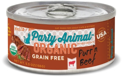 Party Animal Organic Purr'n Beef Recipe Grain-Free Canned Cat Food, 5.5-oz, case of 24